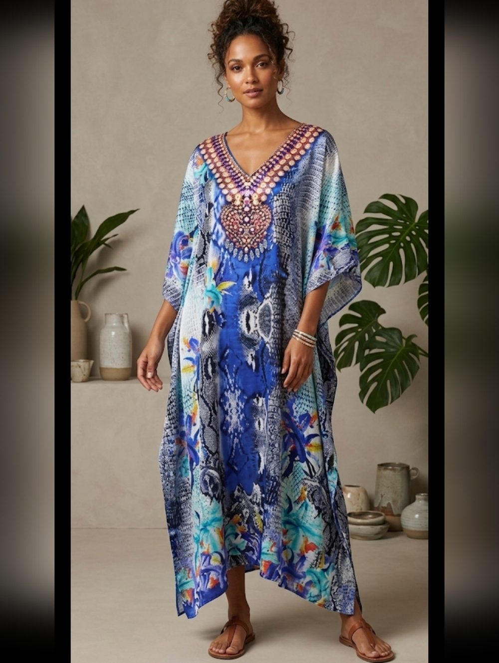 Gold coast Silky  satin floral  kaftan maxi lounge wear Dress